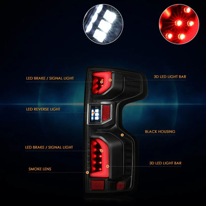 Smoked Lens 3D Bar Full LED Tail Brake Lights for Silverado 1500 LTD WT LT (2019–2024)