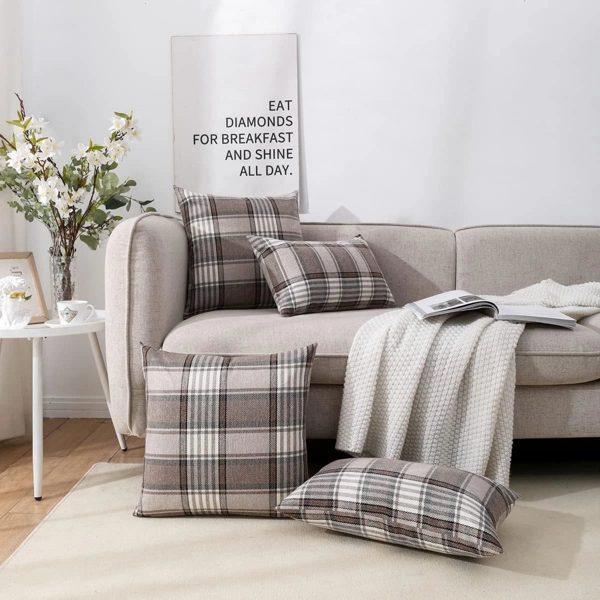 Set of 2 Brown Plaid Pillows for Home Decor (18 x 18)