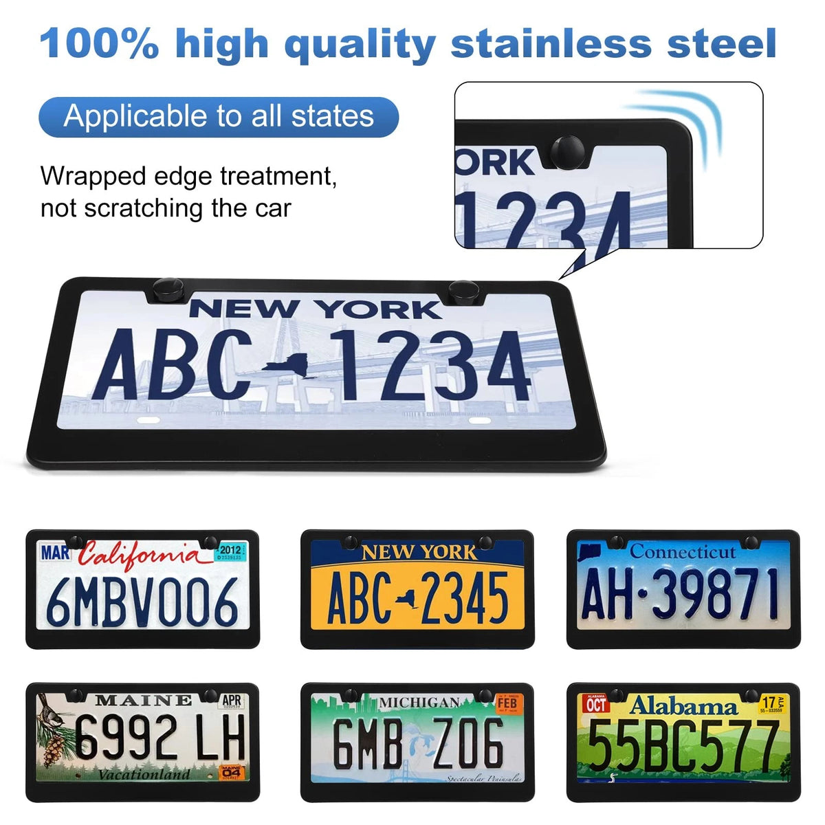 2X License Plate Frames for Universal Fit (Stainless Steel, Black)