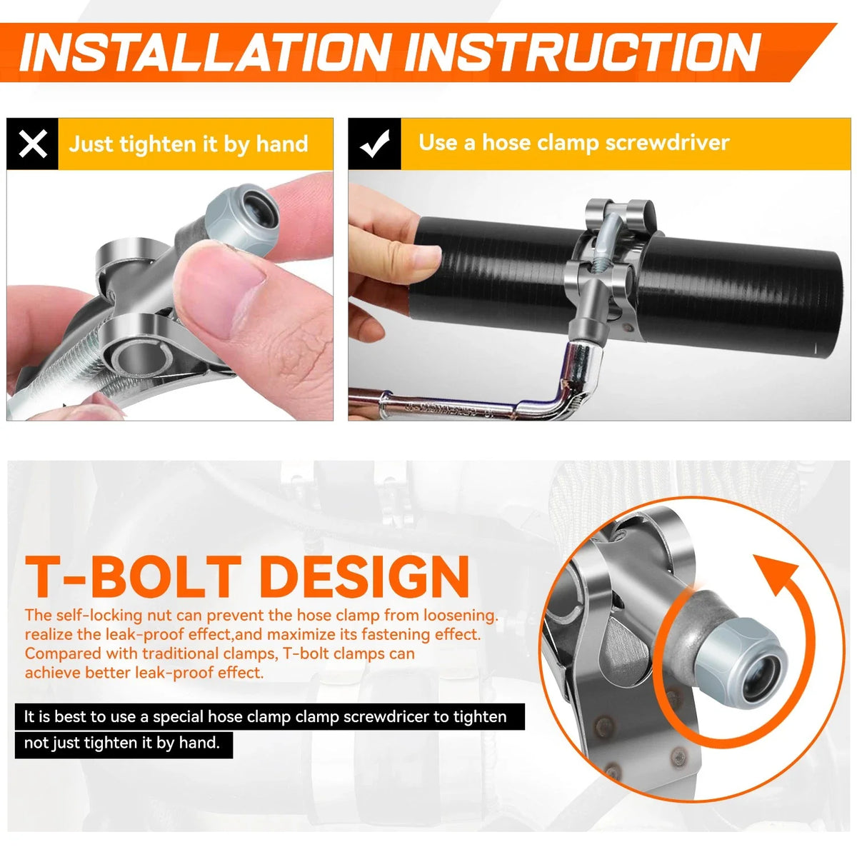 Set of 8 Stainless Steel T-Bolt Clamps for Turbo Intake (Universal)