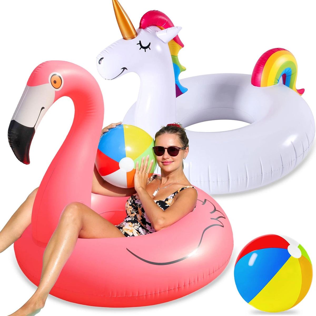2 Pack Flamingo Pool Floats with Beach Balls, 46'' Large