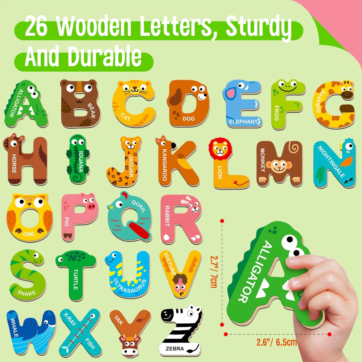 26 Magnetic Wooden Letters for Kids - Colorful Animal Alphabet ABC