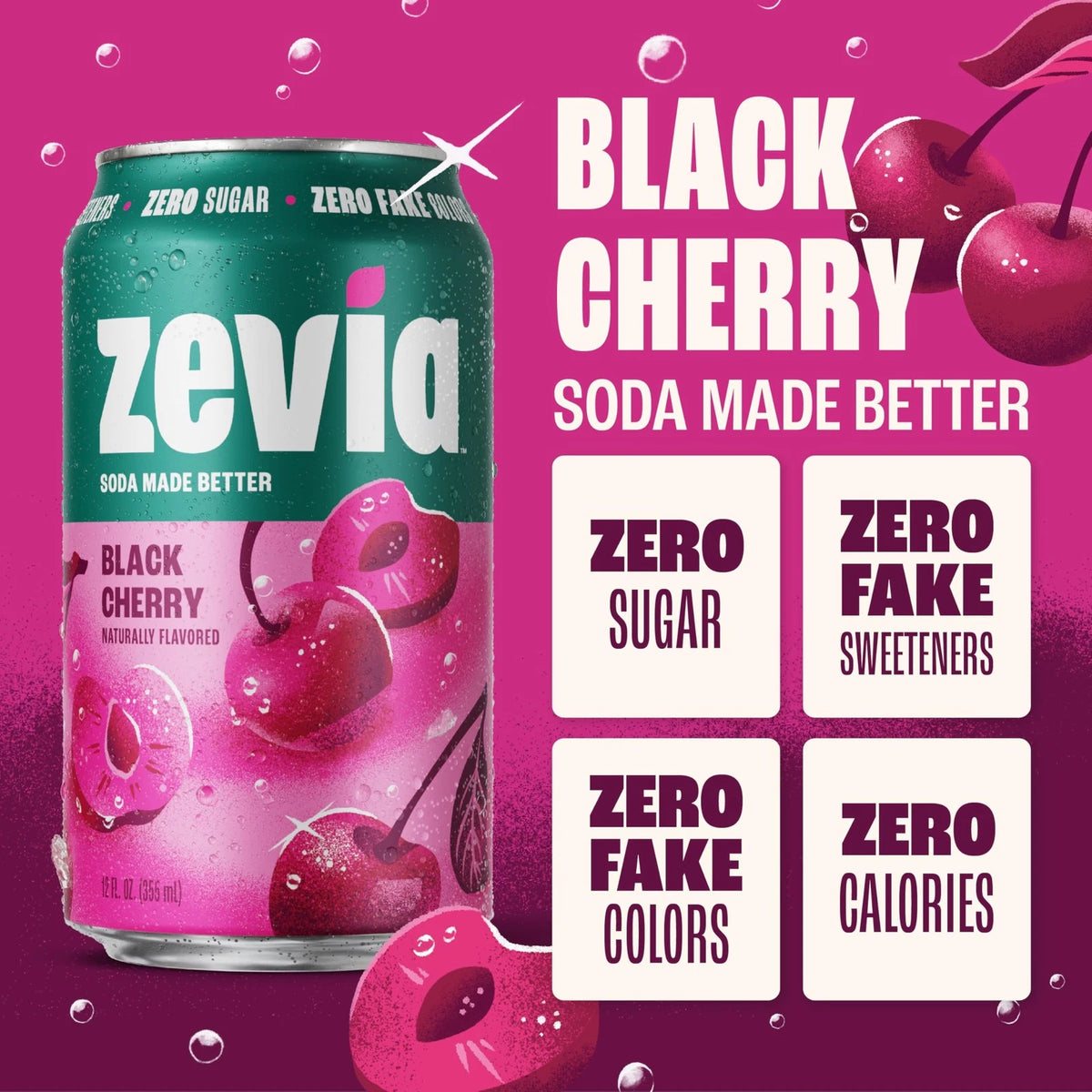 8-Pack Zevia Zero Sugar Soda, Black Cherry, 12 oz Cans