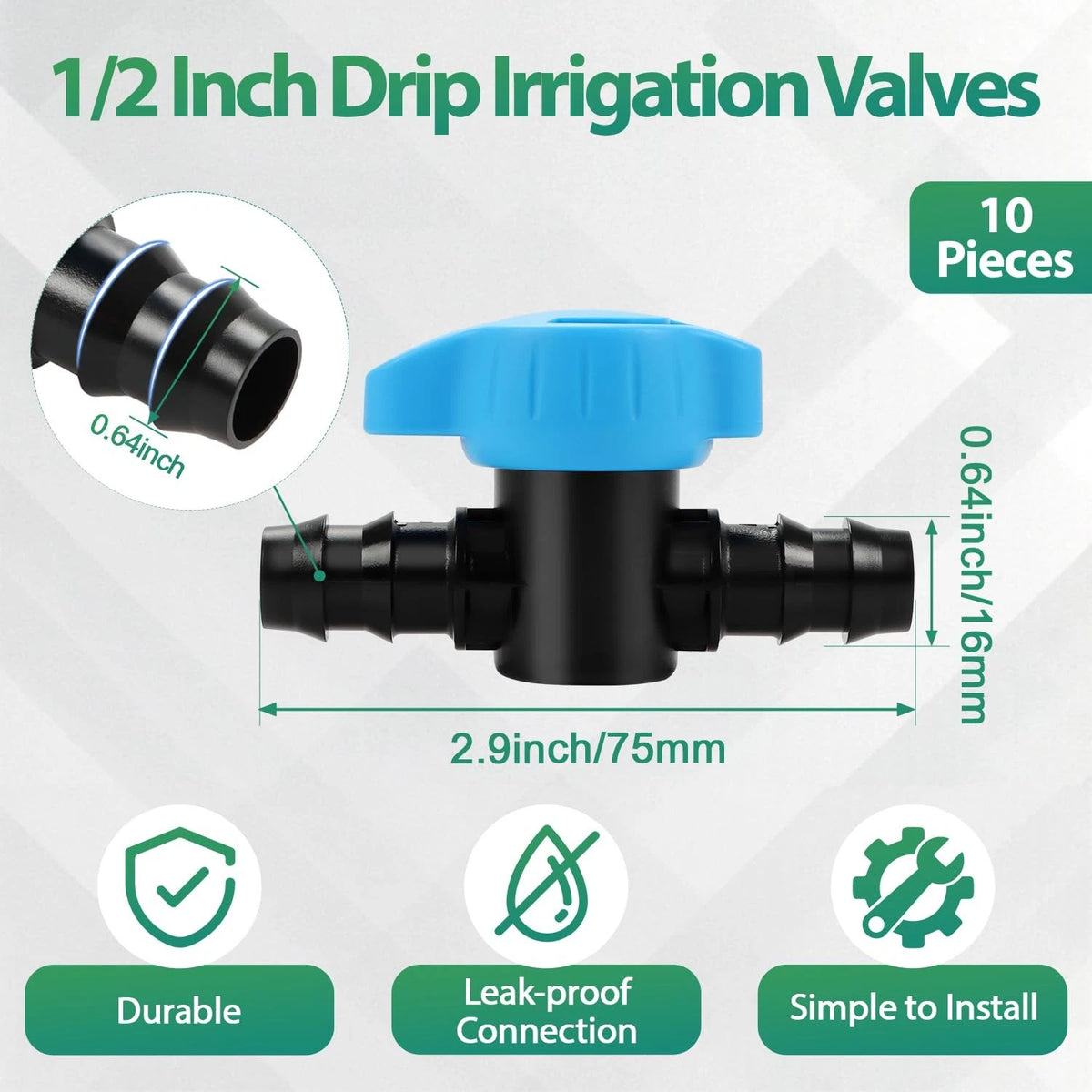 10 Pack 1/2 Inch Irrigation Shut Off Valves for Drip Systems (16mm)