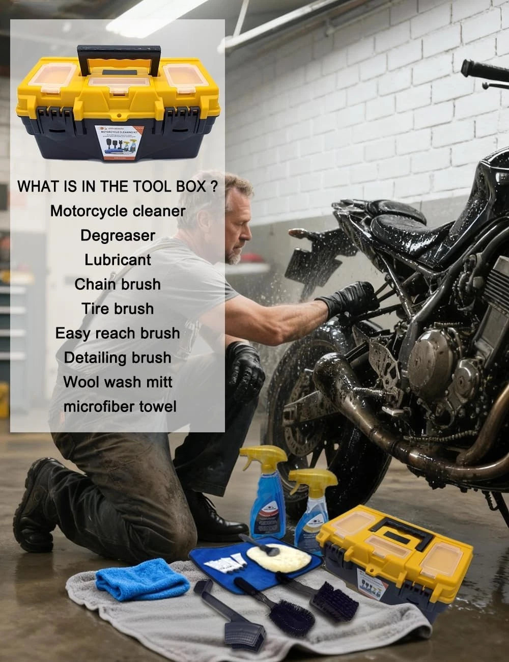 10-Piece Motorcycle Cleaning Kit - Wash Set with Cleaner & Degreaser