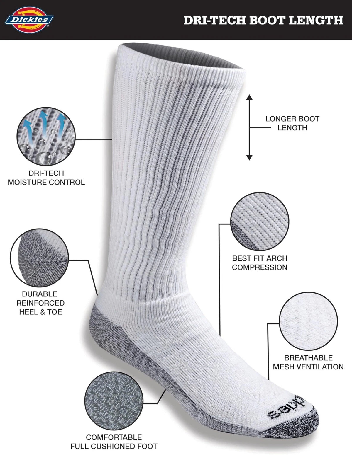 6 Pairs of Dickies Dri-Tech Moisture Control Boot-Length Socks