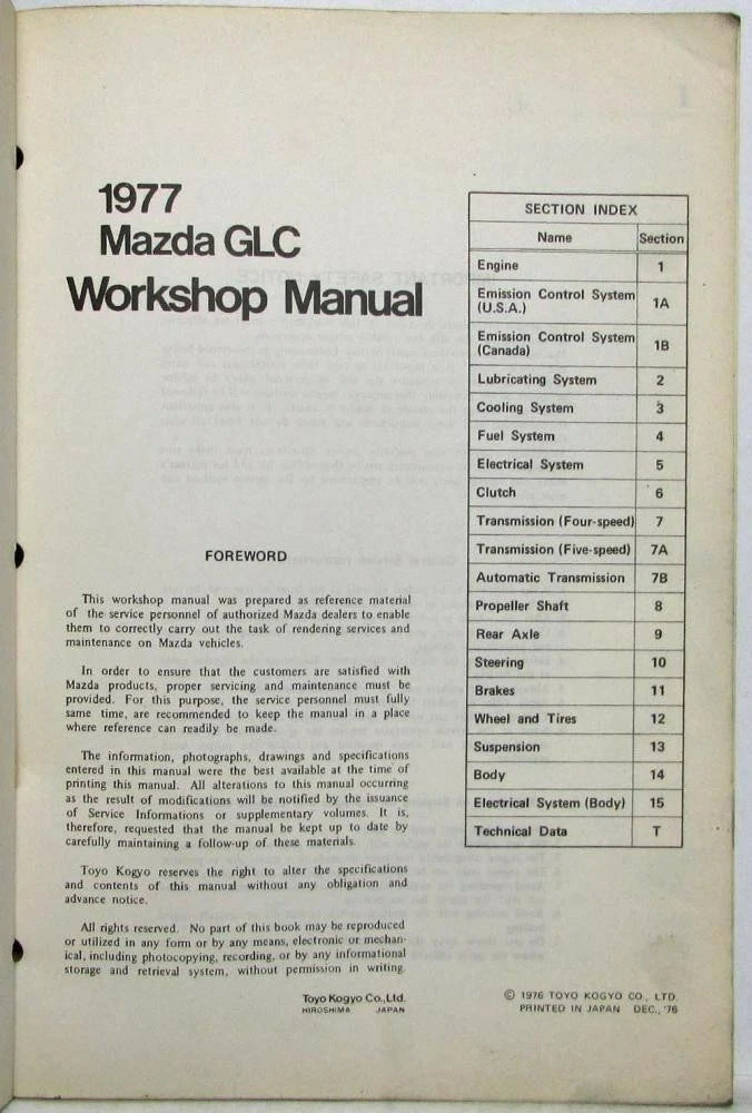 Service Shop Repair Manual for Mazda GLC (1977)
