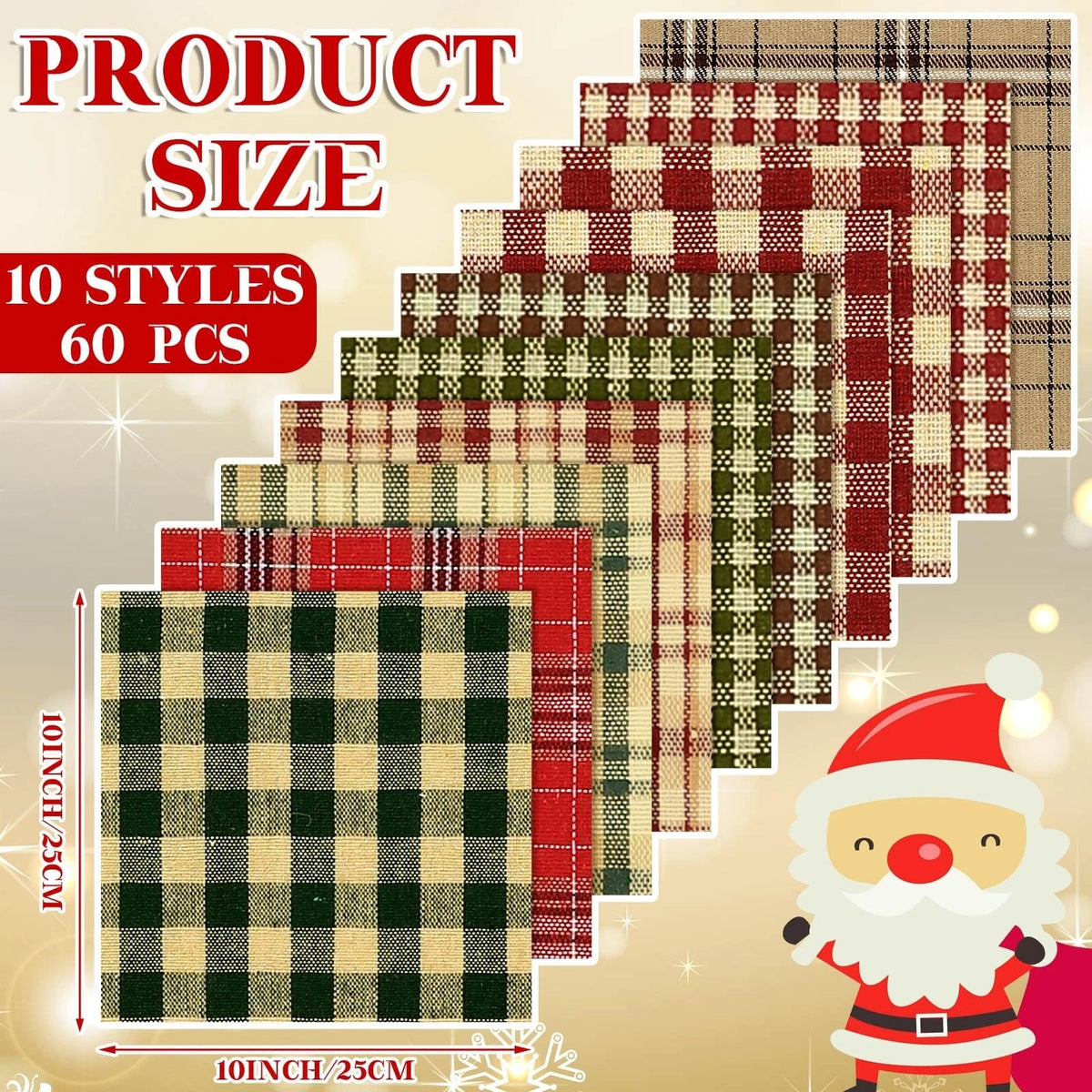 60 Pcs Vintage Plaid 10 x 10 Inch Fabric Squares for Crafting