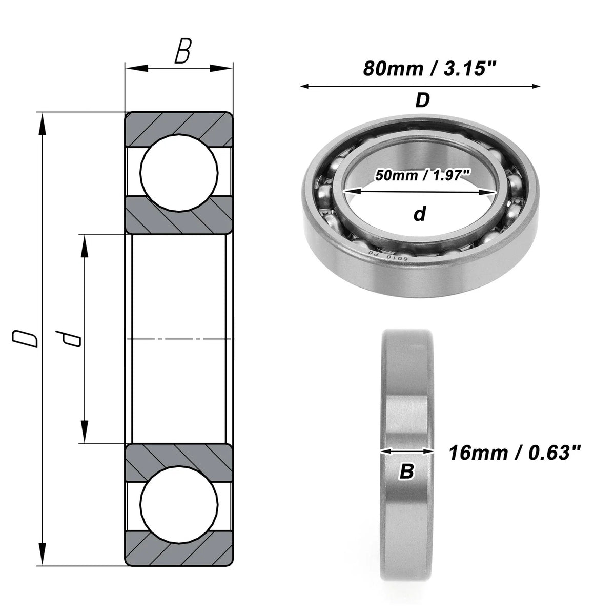 Deep Groove Ball Bearing 50x80x16mm for Scooter Skateboard (P0)