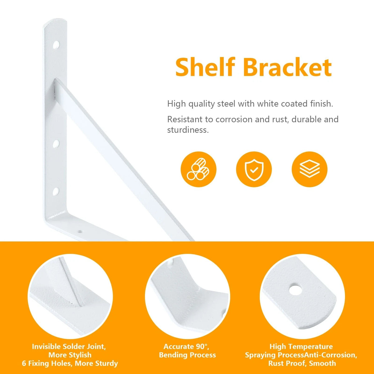 Set of 6 Heavy Duty Metal Shelf Brackets 12 x 8 Inches - White