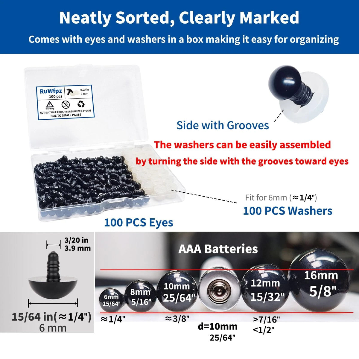 100 Pcs 6mm Safety Eyes for Amigurumi Crochet Dolls
