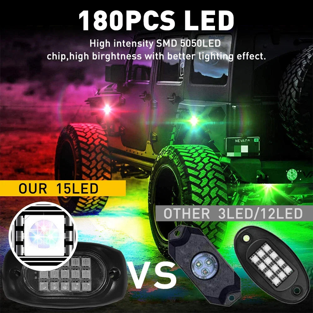 12x RGB LED Rock Light Pods for Universal Vehicles (Music App Control)