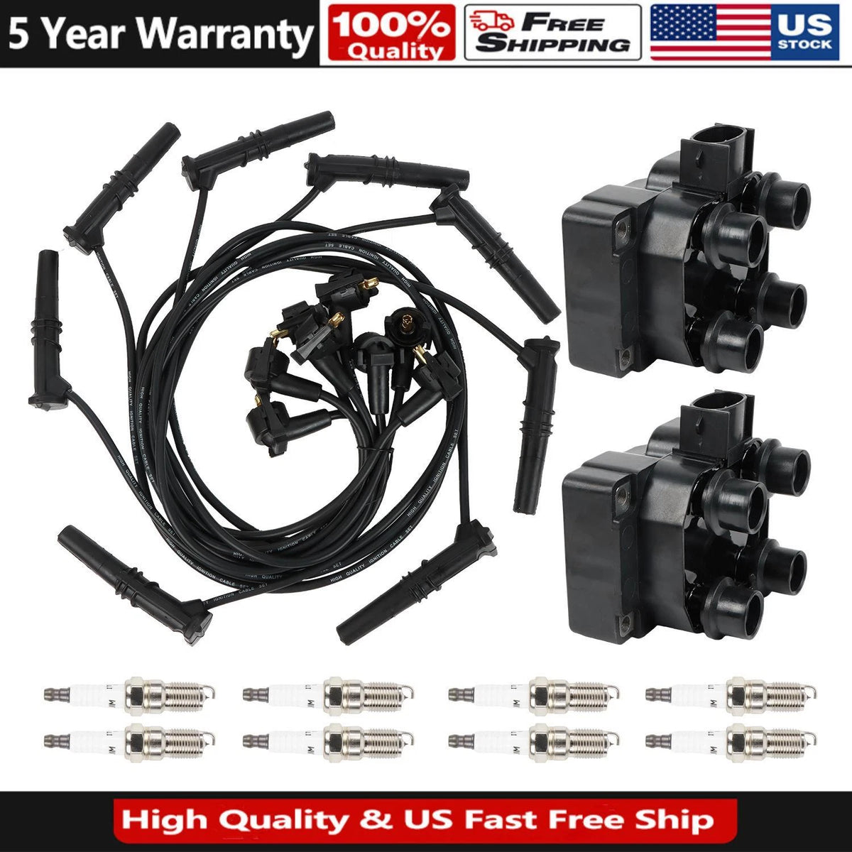 2x Ignition Coil & 8x Iridium Spark Plug & 8x Wire for Ford Lincoln Mazda (FD487)