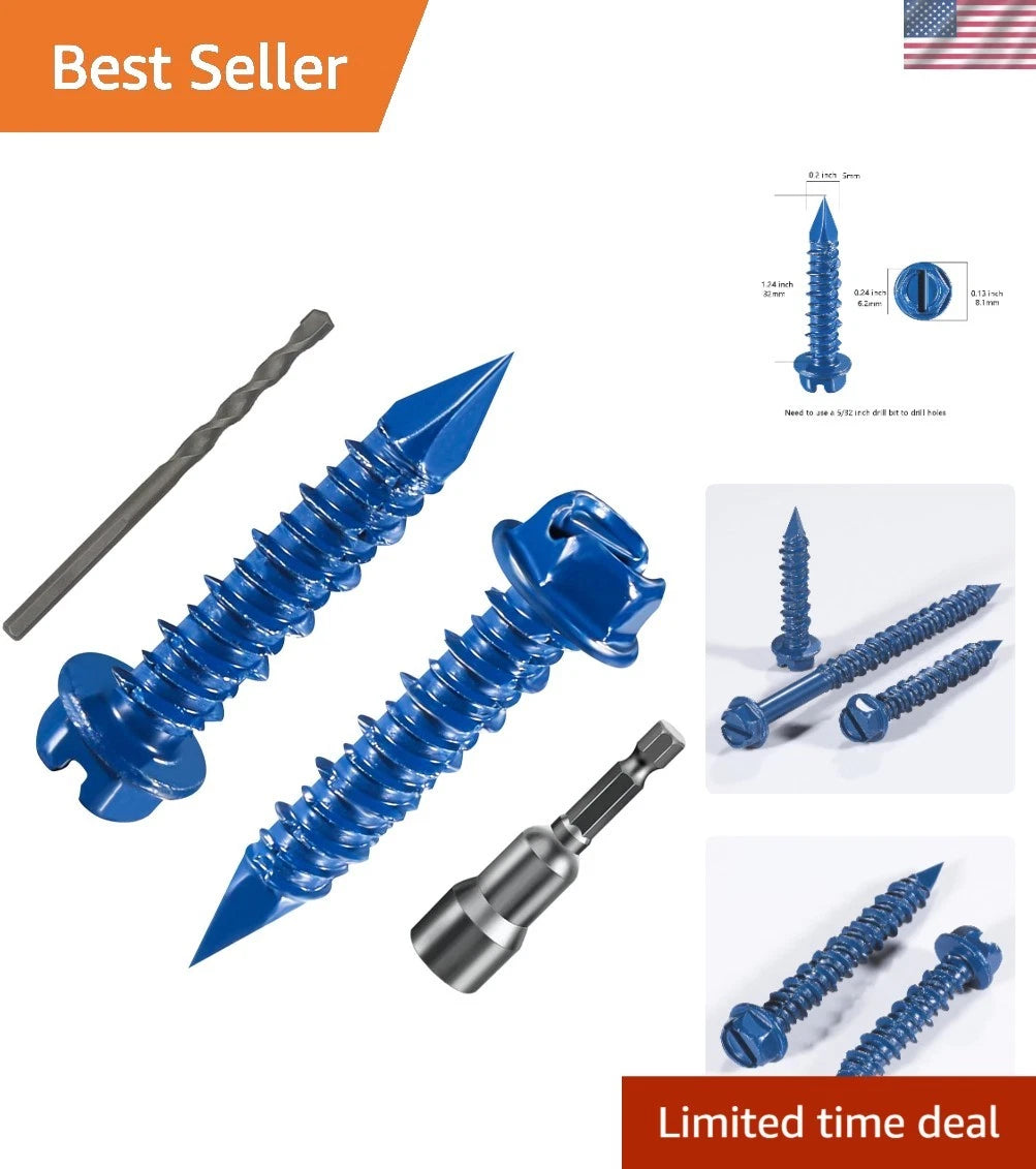 30 PCS 3/16" x 1-1/4" Blue Hex Concrete Screws for Corrosion Resistance