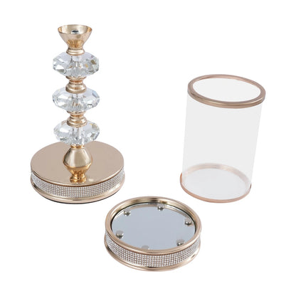 Gold Crystal Glass Dome Candle Holder with Diamond Windproof Hurricane Lantern