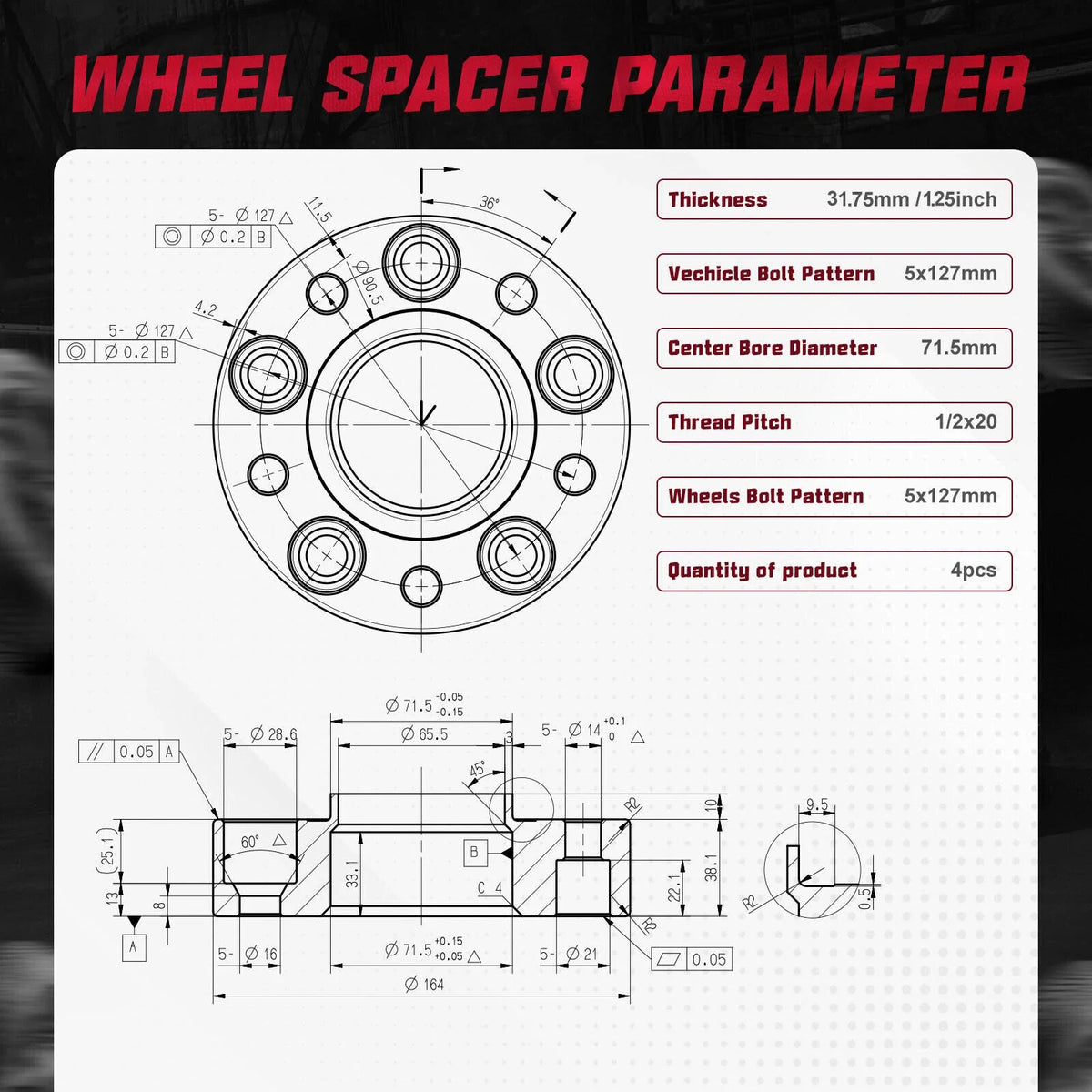 1.25 Inch 5x5 Hubcentric 1/2"x20 Wheel Spacers for Jeep Wrangler (2018–2024)