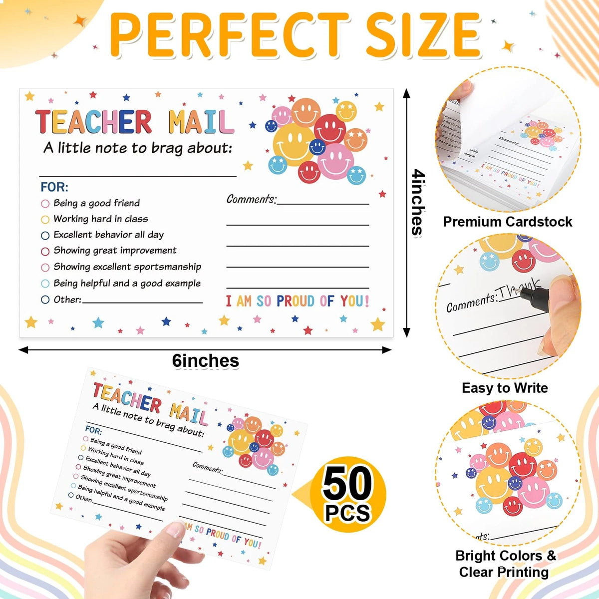 50Pcs Teacher Mail Notes to Parents, Smiley Face Happy Colorful
