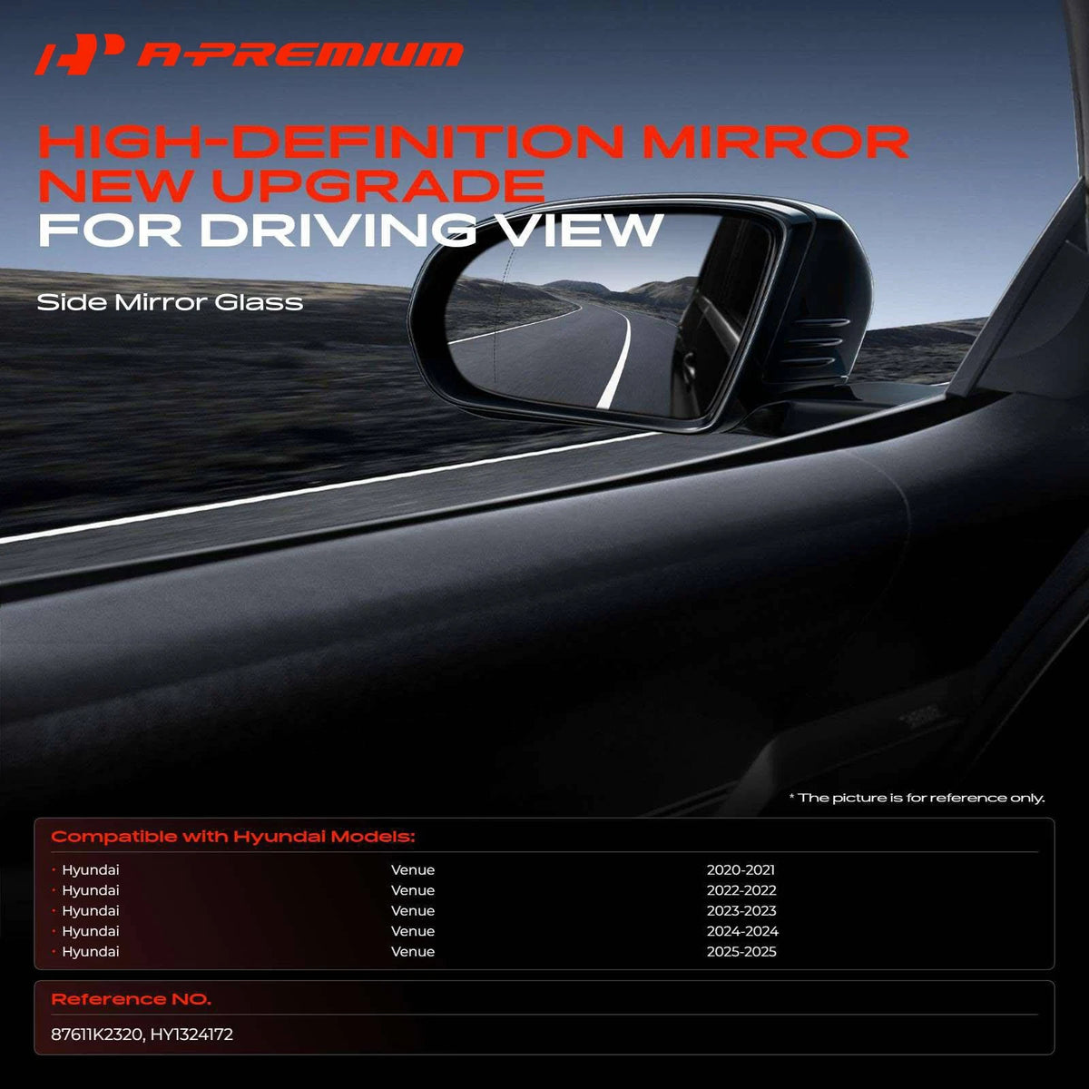 Heated Blind Spot Driver Side Mirror Glass for Hyundai Venue (2019–2023) - 87611K2320, HY1324172