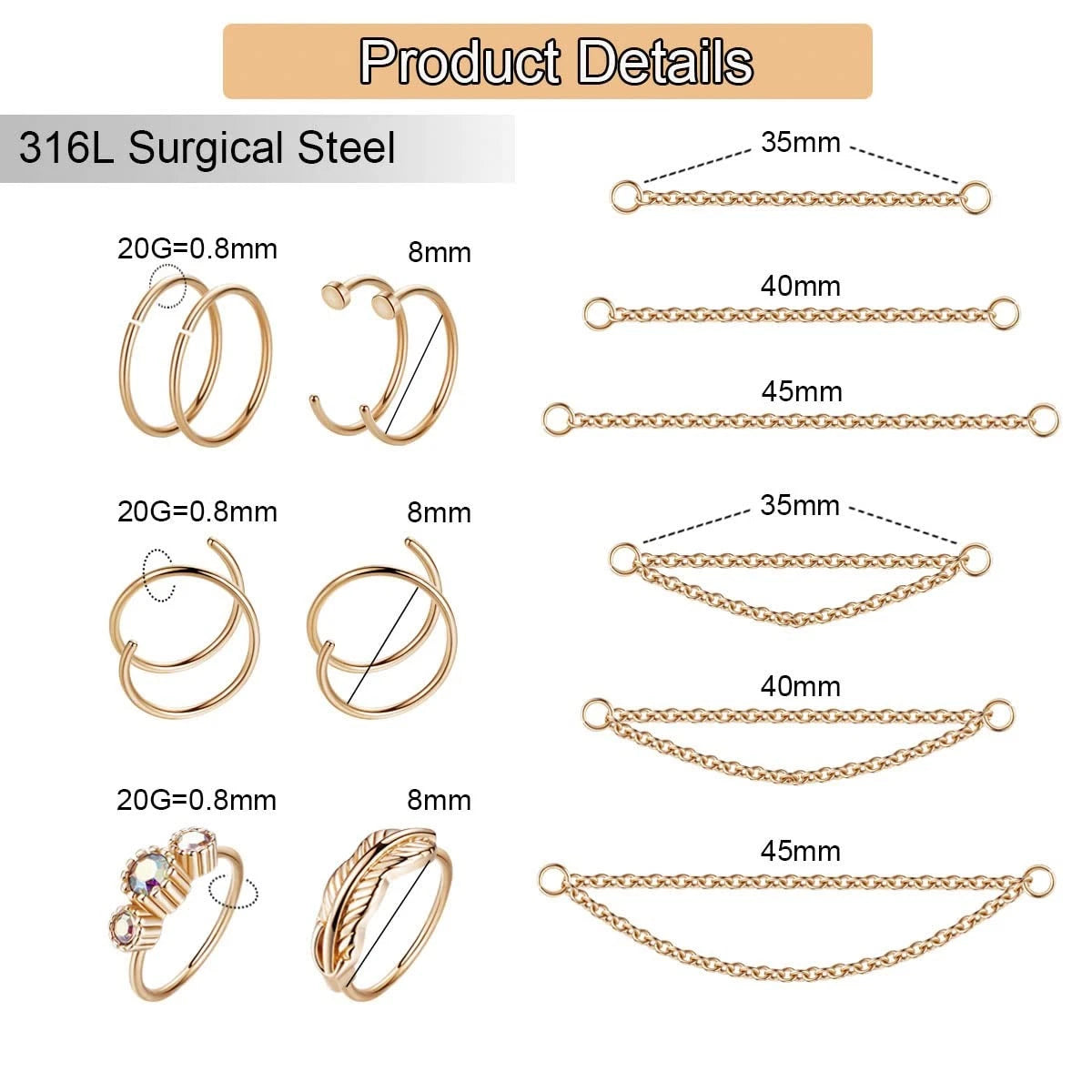 24Pcs 20G Stainless Steel Nose Ring Chain Piercing Double Nose Stud