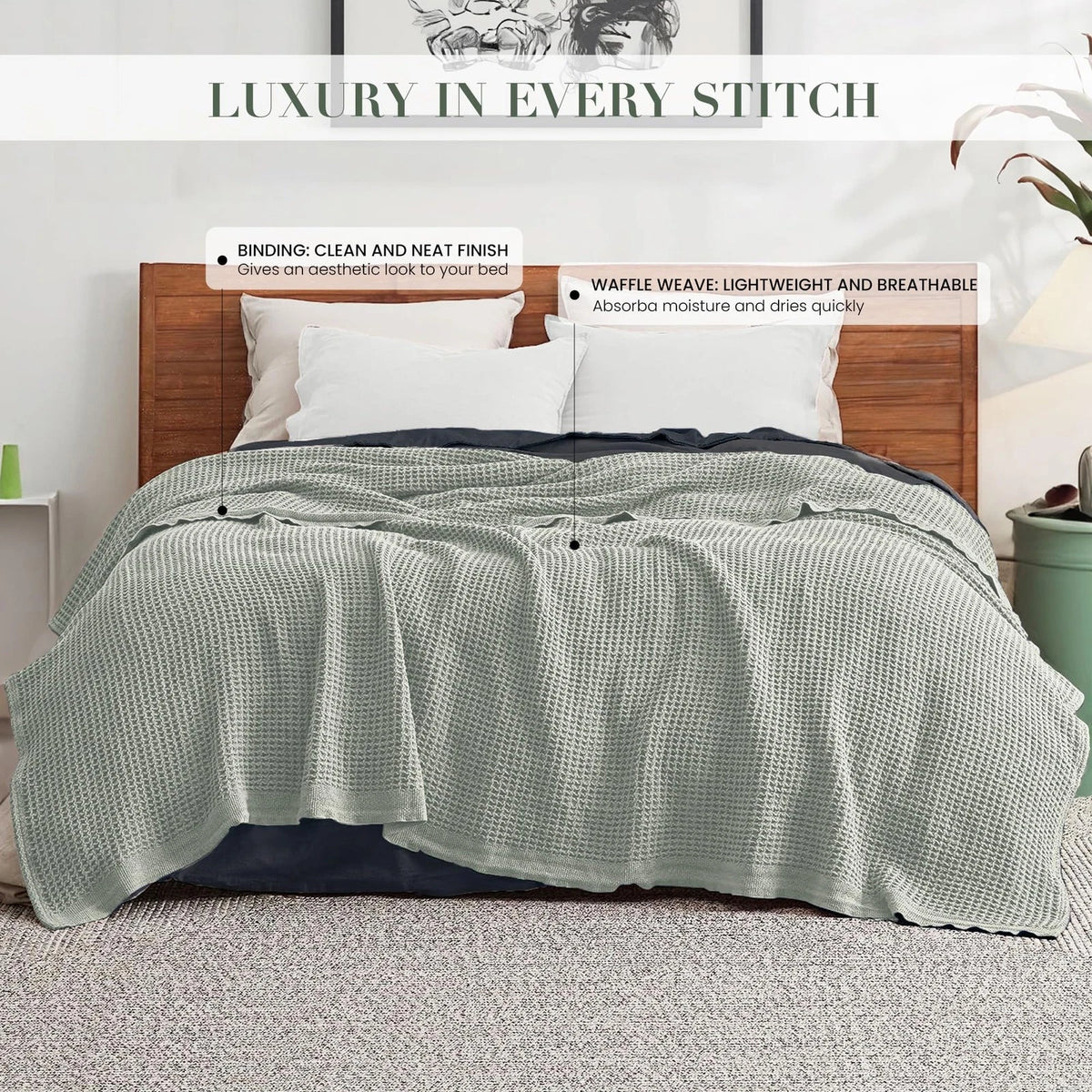 Queen Cotton Waffle Blanket 90x92 Lightweight All Season Throw