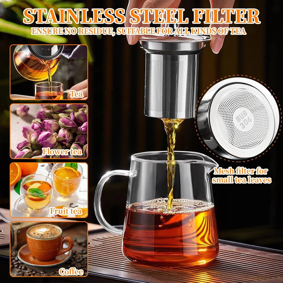 Glass Teapot with Stainless Steel Infuser for Tea Brewing (950ML)
