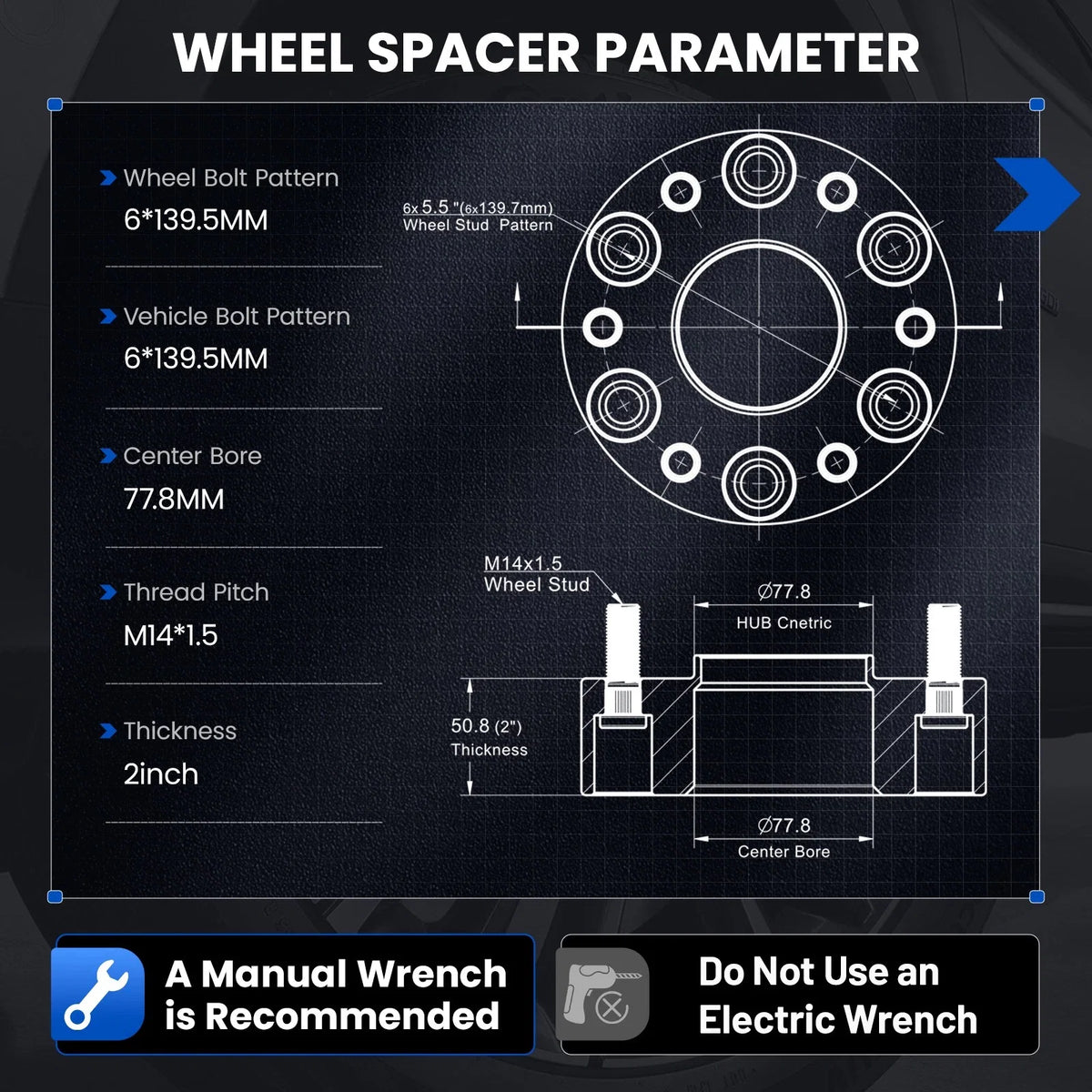 Set of 4 Wheel Spacers 6x139.7mm 2" Hub Centric 14x1.5 for Ram 1500 (2019–2024)