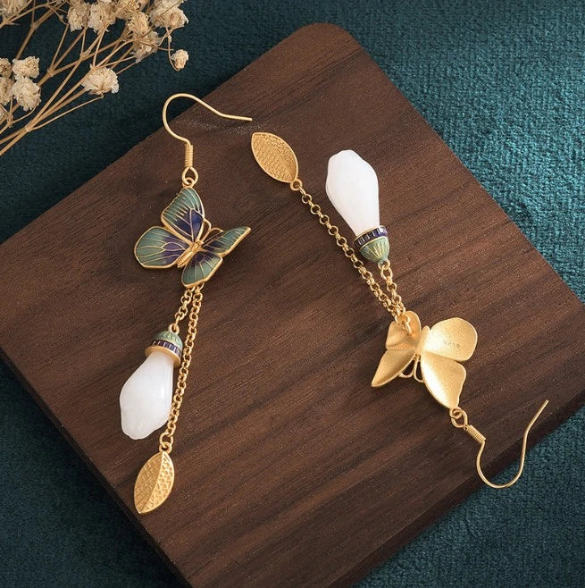 Set of 2 Bohemian Drop Dangle Earrings Flower Gemstone Butterfly Gold Plated