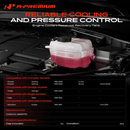 A-Premium Radiator Coolant Reservoir with Cap for Chrysler Sebring Dodge Avenger (MB957770, CH3014112)