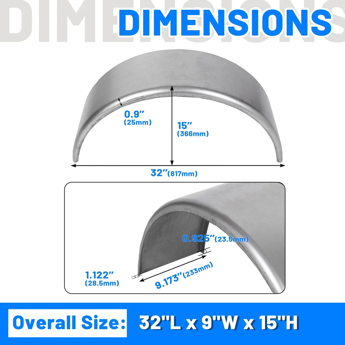 Set of 2 Round Single Axle Trailer Fenders for 14"-16" Wheels
