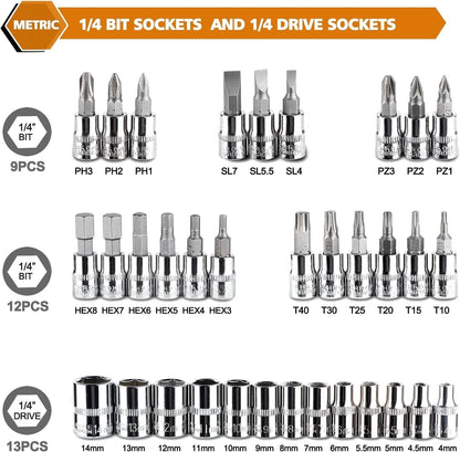 46-Piece 1/4 Inch Drive Socket Ratchet Wrench Set with Bits for Automotive