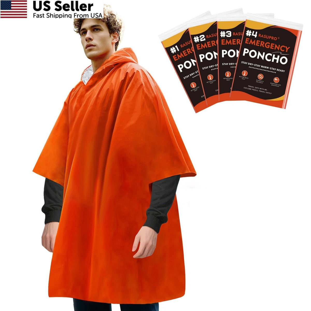 4 Pack Emergency Ponchos with Thermal Mylar Blanket Waterproof Windproof