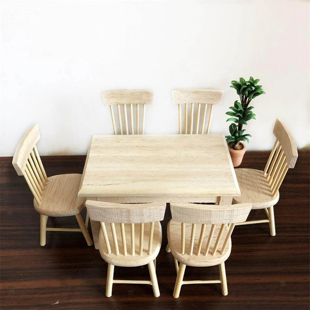 1/12 Scale Wooden Dollhouse Dining Room Furniture Set - Table & Chairs