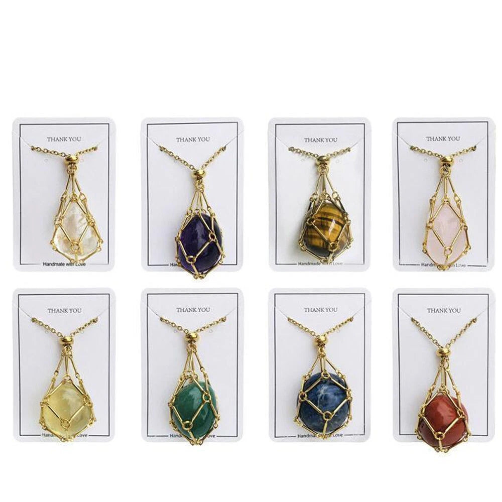 3pcs Adjustable Gold Crystal Holder Necklace Pendant Mesh Pocket Cord