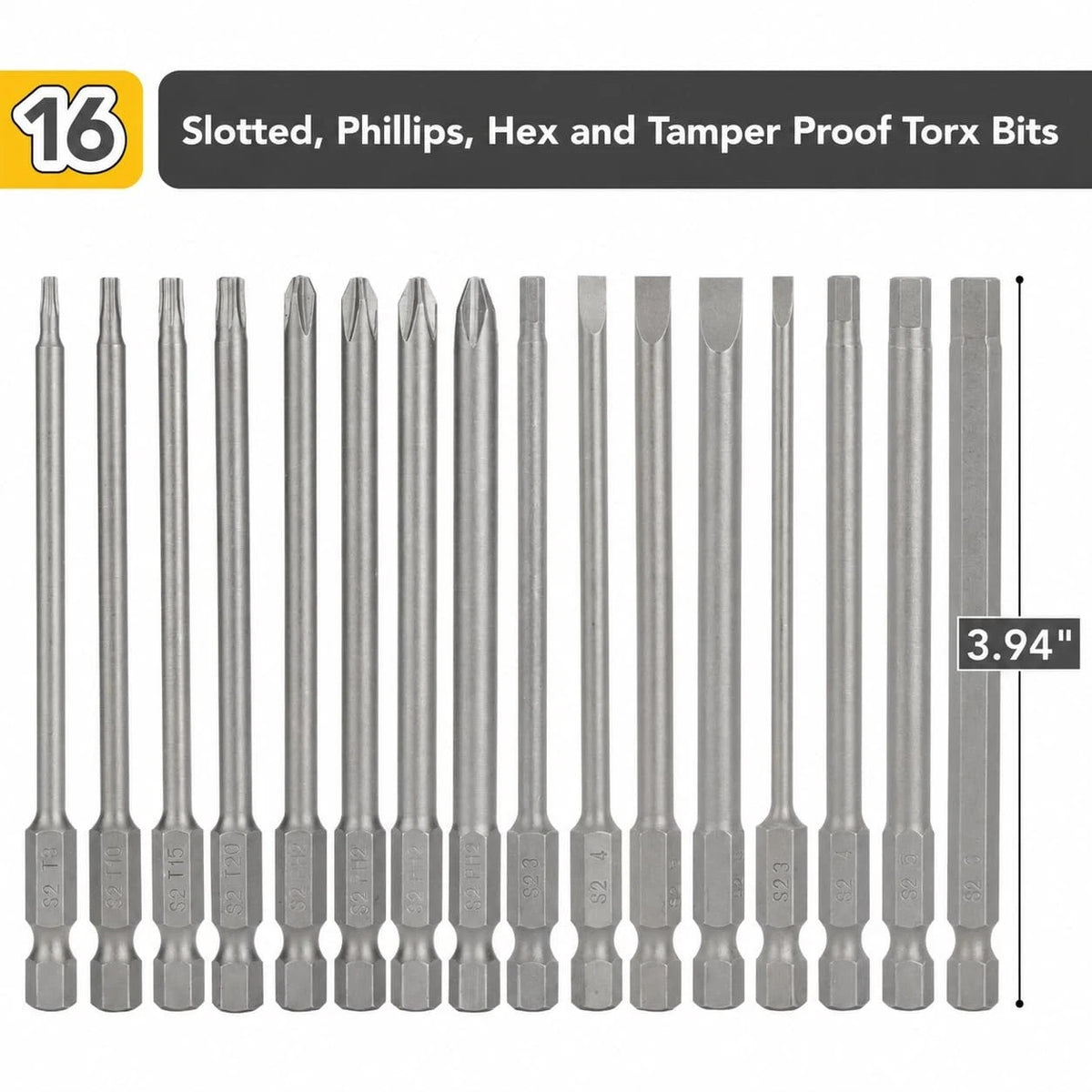 16-Piece Long Screwdriver Bits Set, 1/4" Hex Shank, Slotted, 4"