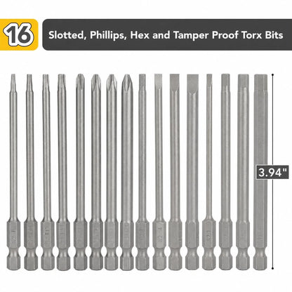 16-Piece Long Screwdriver Bits Set, 1/4" Hex Shank, Slotted, 4"