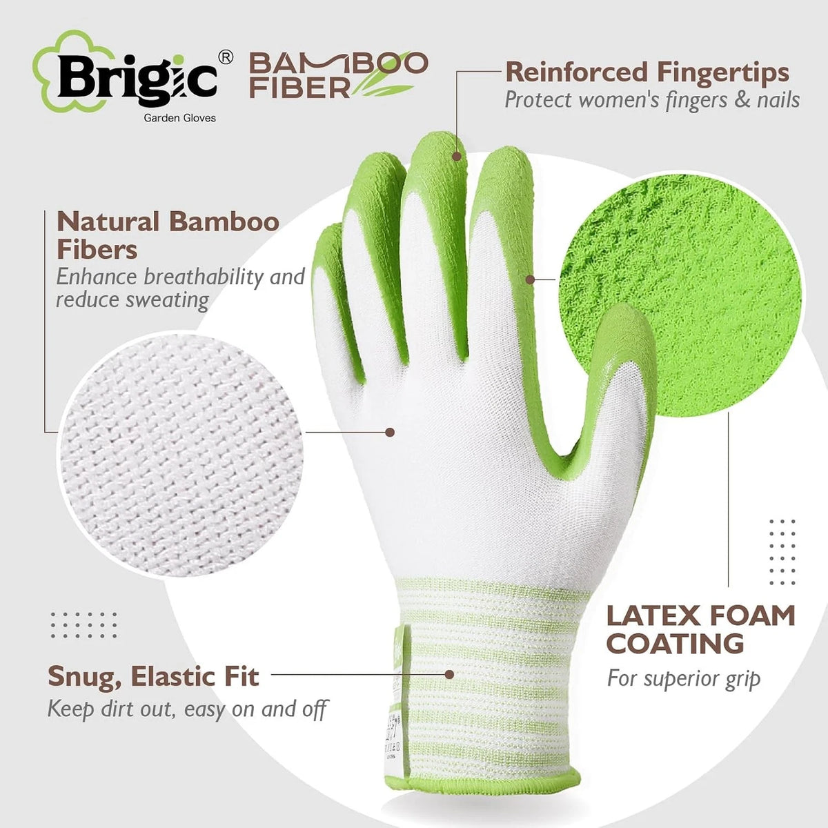 Set of 2 Bamboo Fiber Touch Gardening Gloves - Rubber Coated, Green