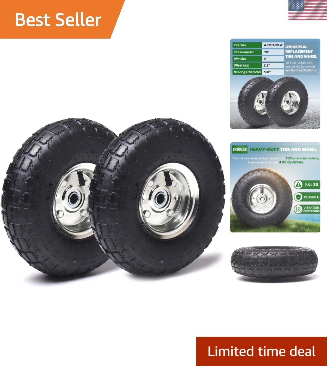 Set of 2 High-Traction 10-Inch Tires & Wheels for Garden Carts & Dollies