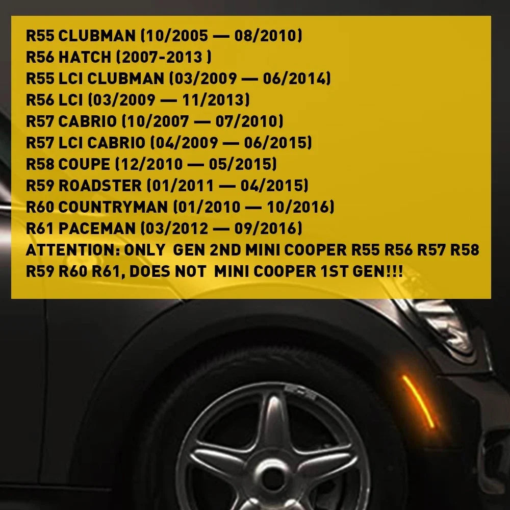 LED Side Marker Lights for Mini Cooper R55 R56 R57 R58 R60 R59 (2007–2015)