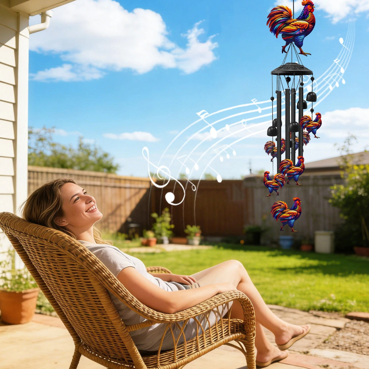 7 Chickens Wind Chime with 6 Bells for Garden Patio Decor