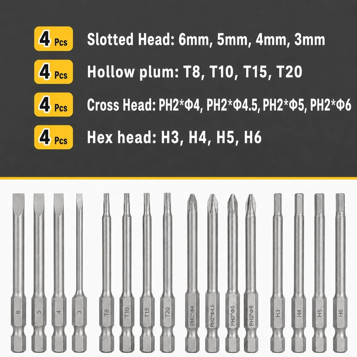 16-Piece Long Screwdriver Bits Set, 1/4" Hex Shank, Slotted, 4"