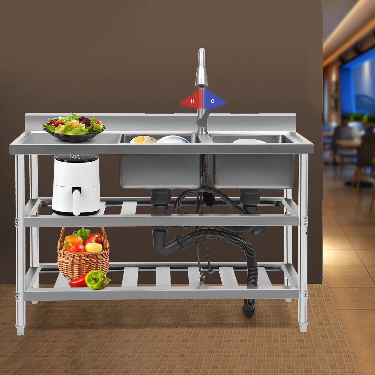 3 Tier Stainless Steel Utility Prep Sink for Commercial Use (2 Compartment)
