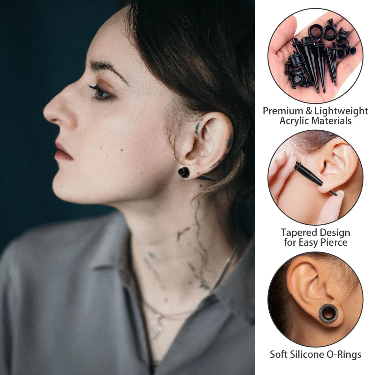 50 Pcs Ear Stretching Kit for Mixed Sizes (Acrylic Gauges, Black)