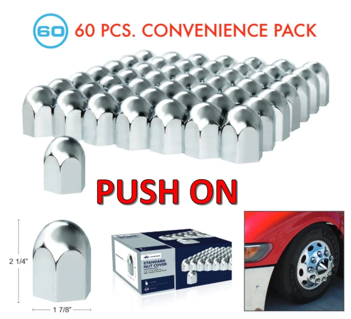 Chrome Lug Nut Covers Push-On 60 Pack for Universal Fit (1-1/2 in) (1990–2024)
