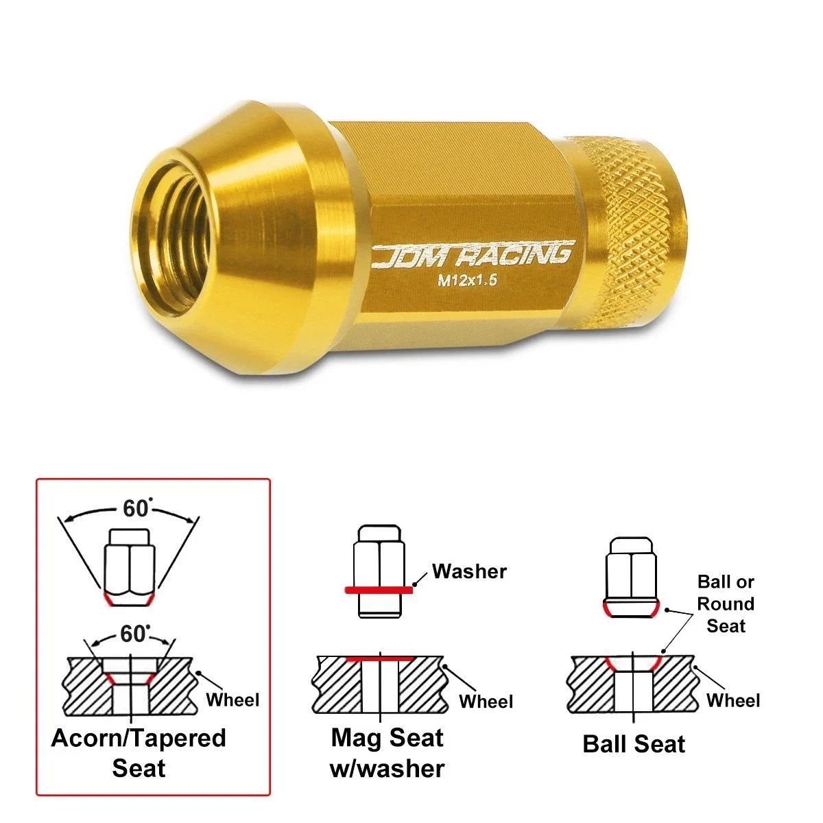 20Pc M12X1.5 Gold JDM Open End Cone Seat Wheel Lug Nuts + 25mm Extension