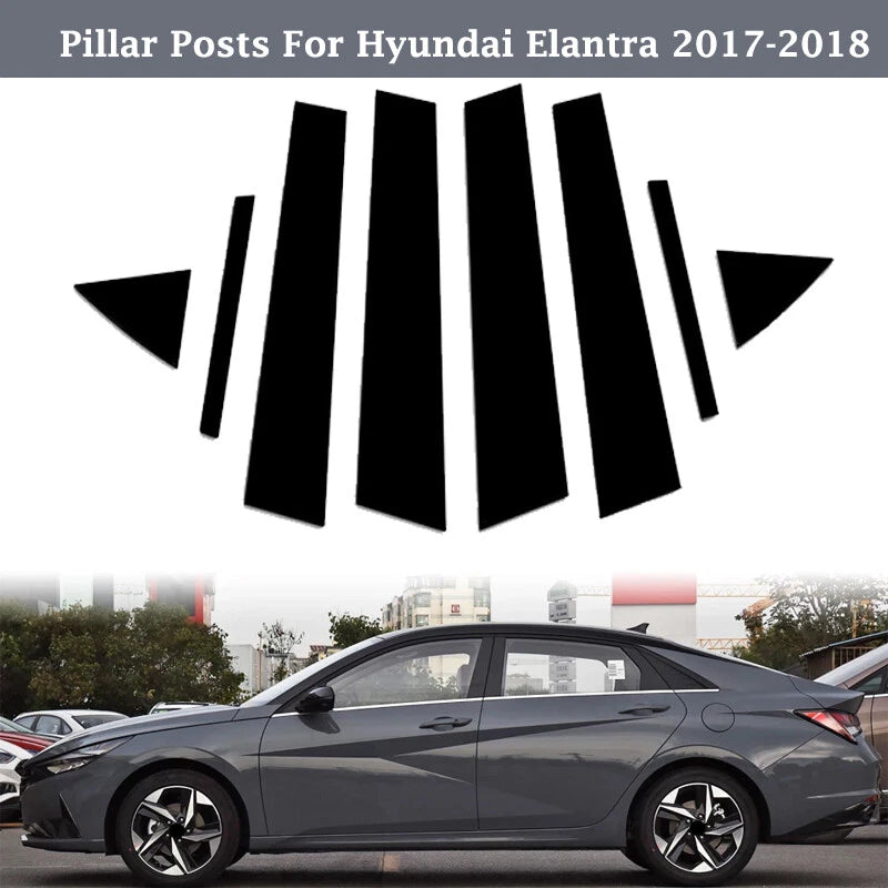 Set of 8 Gloss Black Pillar Posts Door Window Trim for Hyundai Elantra (2017–2020)