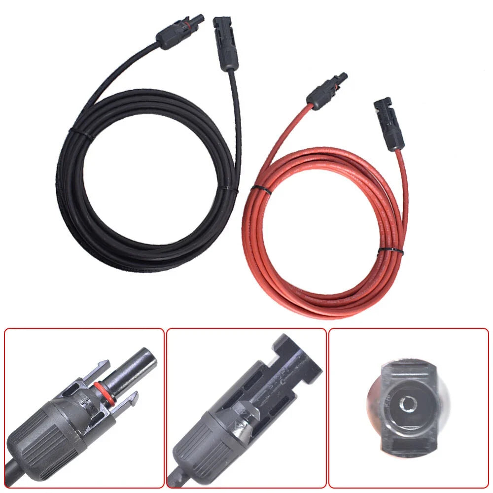 Set of 2 Black Red Solar Panel Extension Cable Connectors 10ft
