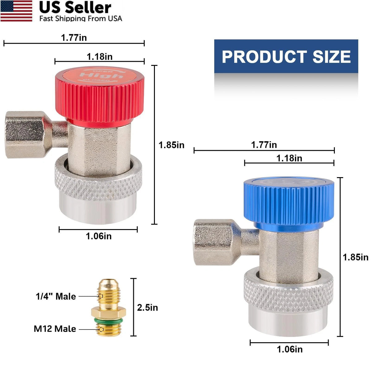 2X R134a Refrigerant Adapter and Hose 0.25 Inch for Automotive Use