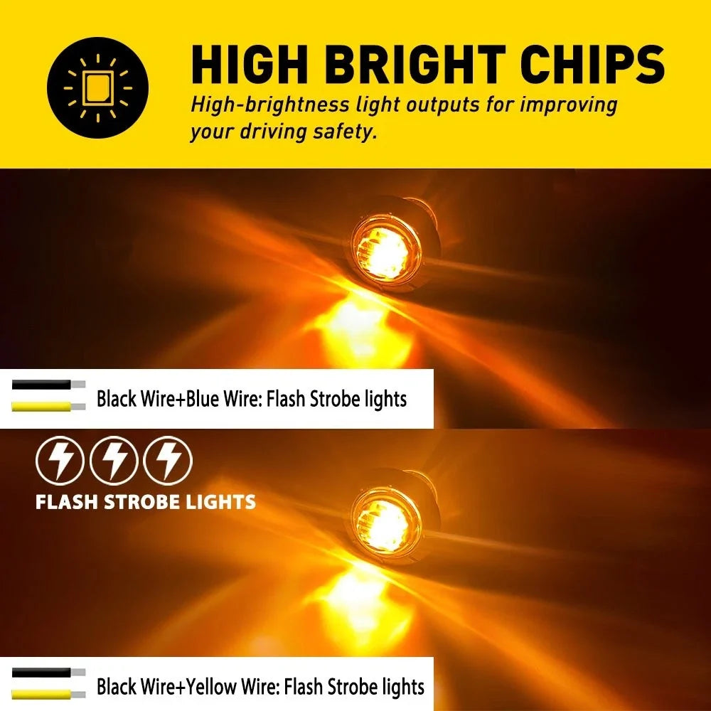10X Amber LED Strobe Marker Lights for Truck Trailer (3/4 Inch)