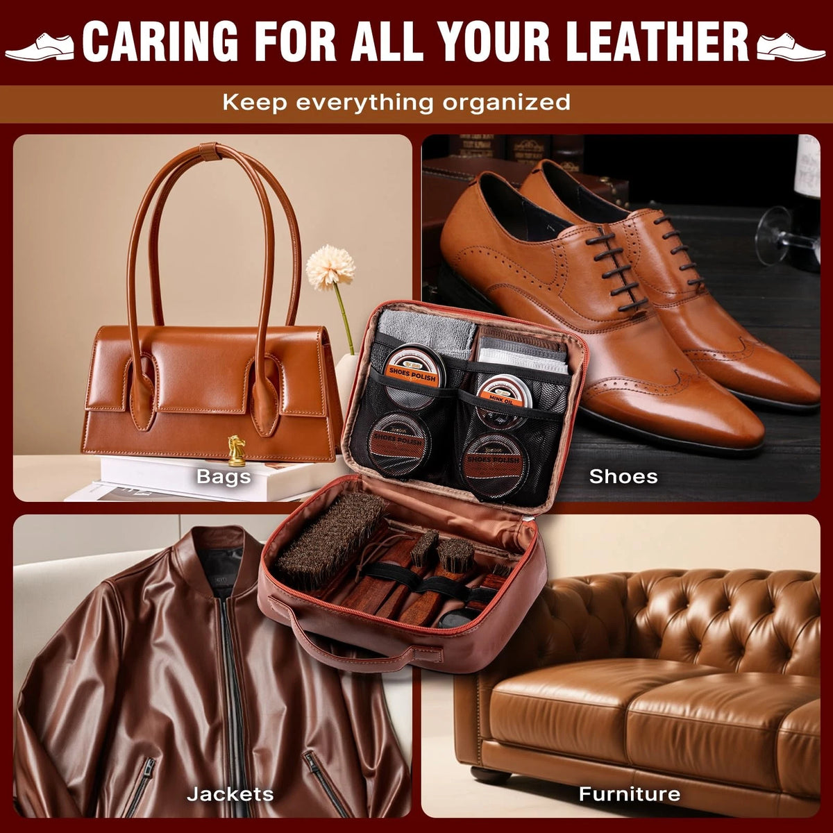 Shoe Shine Kit for Leather Care & Polish (15-in-1, Black/Brown/Neutral)