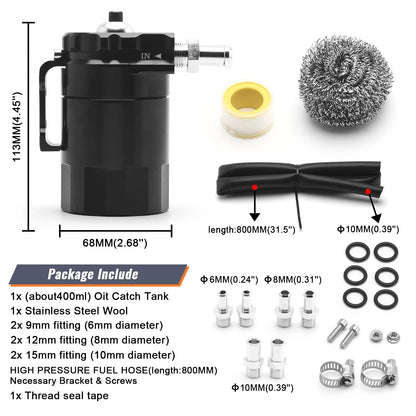 Oil Catch Can Kit for Universal Cars/Trucks (400ml, Black)